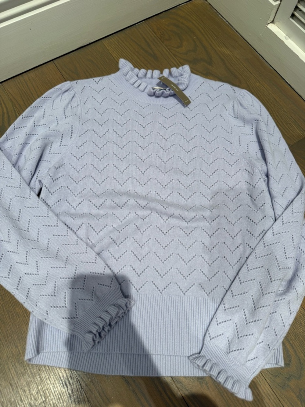 J. Crew Lavender Ruffle Mock Neck Eyelet Knit Sweater 100% cashmere